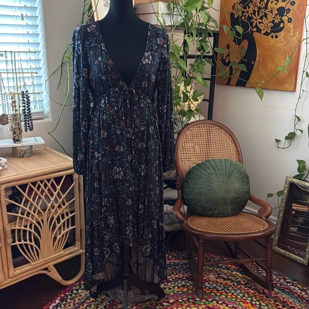Lovestitch Dark Floral Deep V Empire Babydoll Waist Boho Hippie Midi Maxi Dress